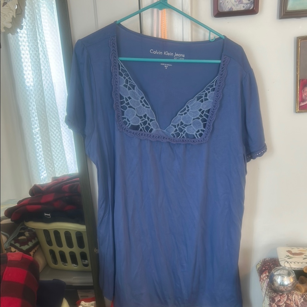 Calvin Klein Jeans Blue Top with Lace Detail